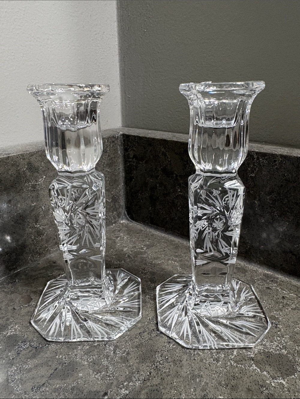 Pinwheel Clear Glass Candlestick Pair